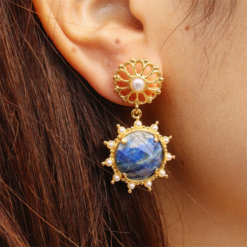 Lapis Lazuli & Pearl Jewelry Set | Gold-Plated Earrings, Necklace & Adjustable Ring | Ocean-Inspired Luxury Jewelry for Women