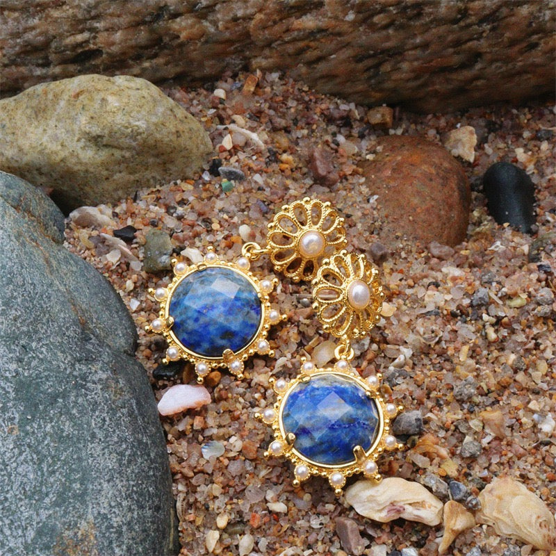 Lapis Lazuli & Pearl Jewelry Set | Gold-Plated Earrings, Necklace & Adjustable Ring | Ocean-Inspired Luxury Jewelry for Women