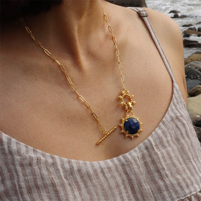 Lapis Lazuli & Pearl Jewelry Set | Gold-Plated Earrings, Necklace & Adjustable Ring | Ocean-Inspired Luxury Jewelry for Women