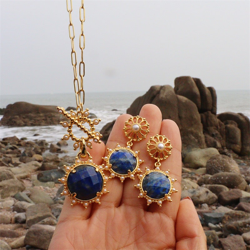 Lapis Lazuli & Pearl Jewelry Set | Gold-Plated Earrings, Necklace & Adjustable Ring | Ocean-Inspired Luxury Jewelry for Women
