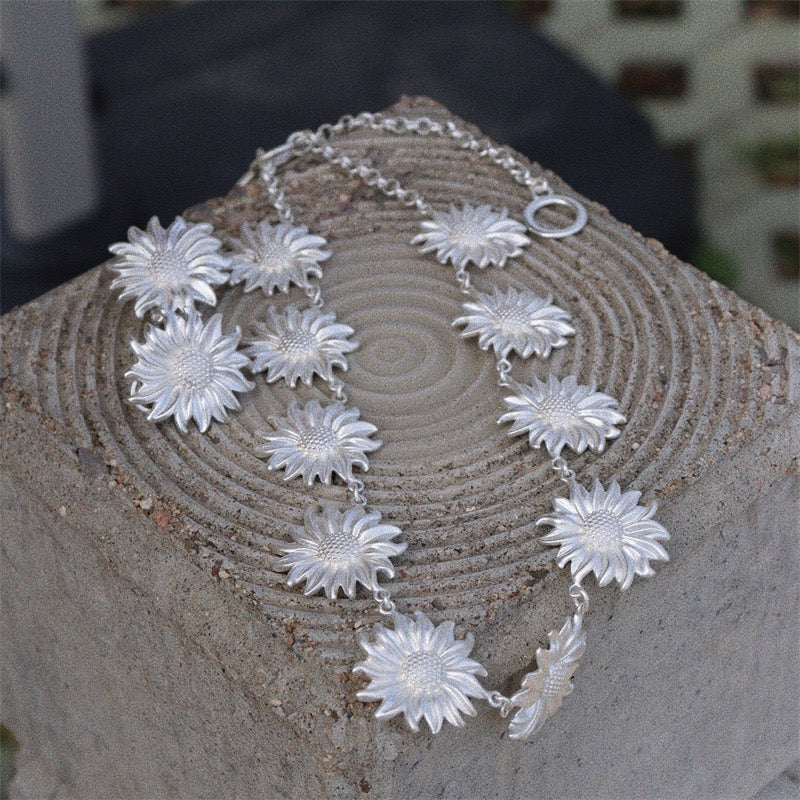 Silver Sunflower Jewelry Set | Vintage Retro Necklace & Earrings | Heavy Craft Statement Jewelry for Women