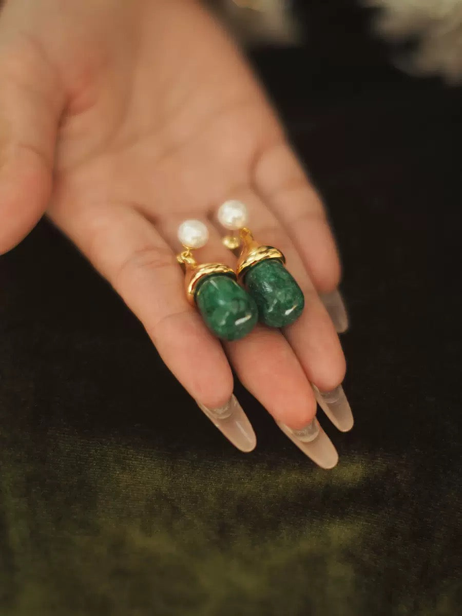 Green Gemstone & Pearl Drop Earrings | Gold-Plated Vintage Statement Jewelry for Women | Art-Inspired Handcrafted Style