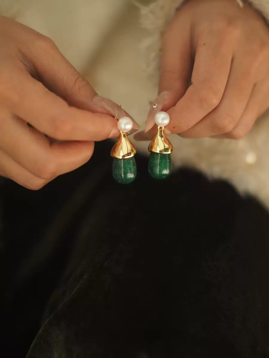 Green Gemstone & Pearl Drop Earrings | Gold-Plated Vintage Statement Jewelry for Women | Art-Inspired Handcrafted Style