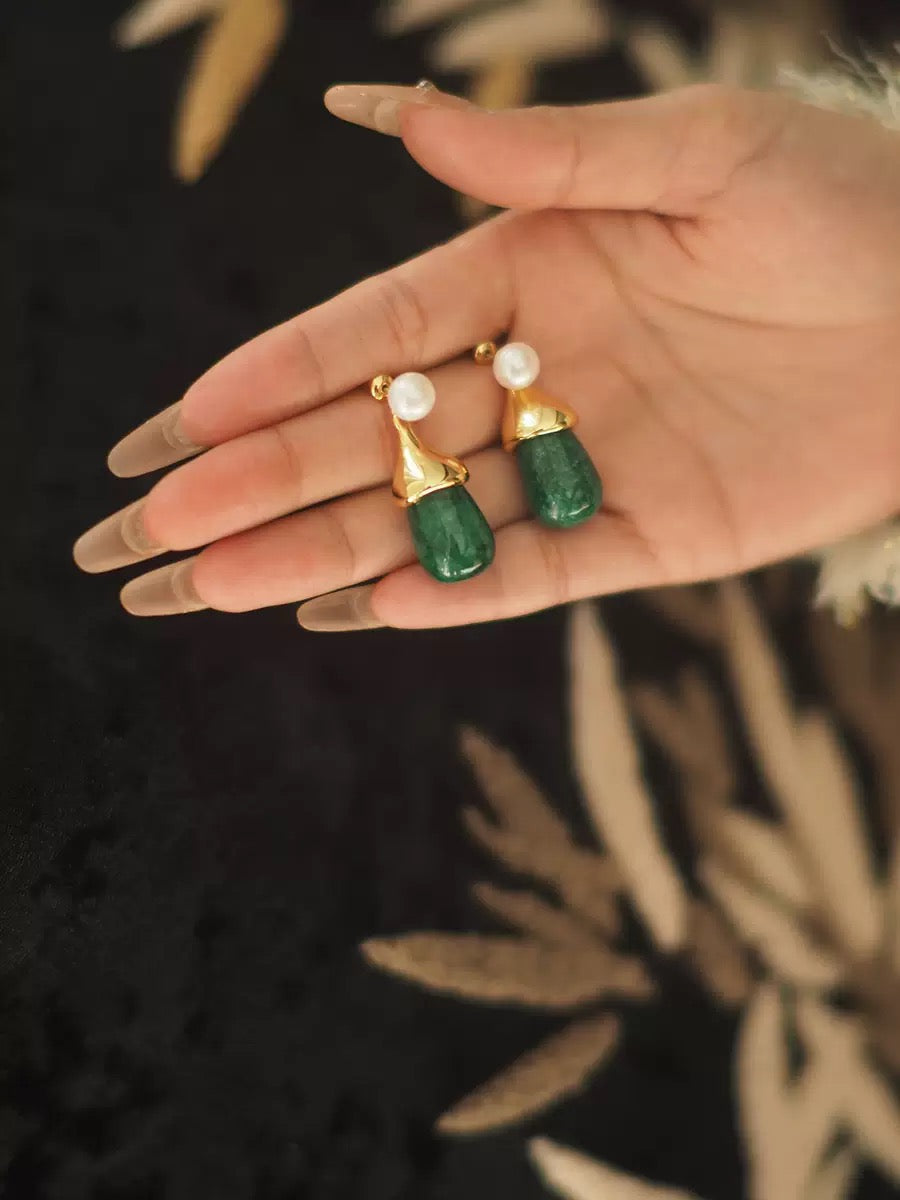 Green Gemstone & Pearl Drop Earrings | Gold-Plated Vintage Statement Jewelry for Women | Art-Inspired Handcrafted Style