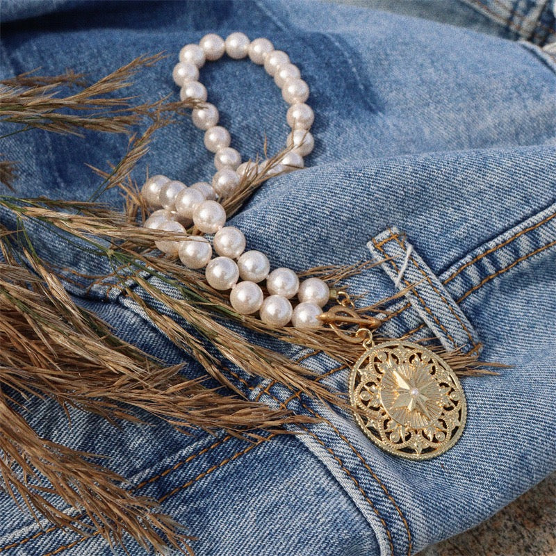 Compass Medallion Pearl Necklace | Gold-Plated Brass with 10mm Swarovski Pearls | Vintage European Style Jewelry for Women