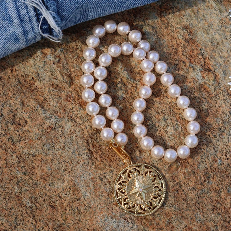 Compass Medallion Pearl Necklace | Gold-Plated Brass with 10mm Swarovski Pearls | Vintage European Style Jewelry for Women