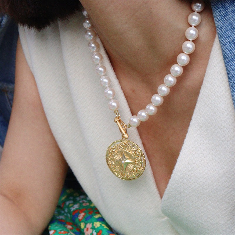 Compass Medallion Pearl Necklace | Gold-Plated Brass with 10mm Swarovski Pearls | Vintage European Style Jewelry for Women