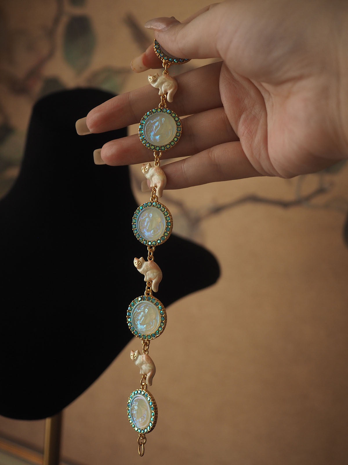 Cat & Angel Cameo Enamel Bracelet | Vintage European Gold-Plated Antique Style Jewelry for Women