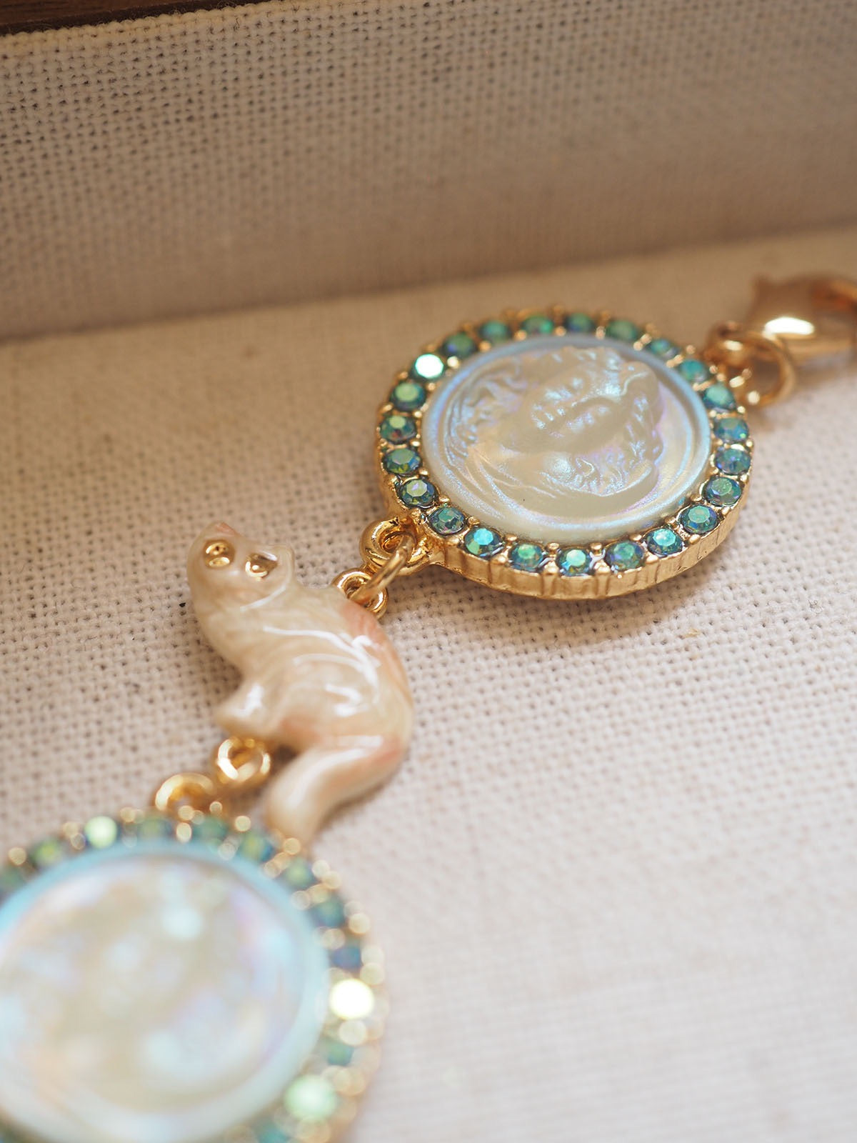Cat & Angel Cameo Enamel Bracelet | Vintage European Gold-Plated Antique Style Jewelry for Women