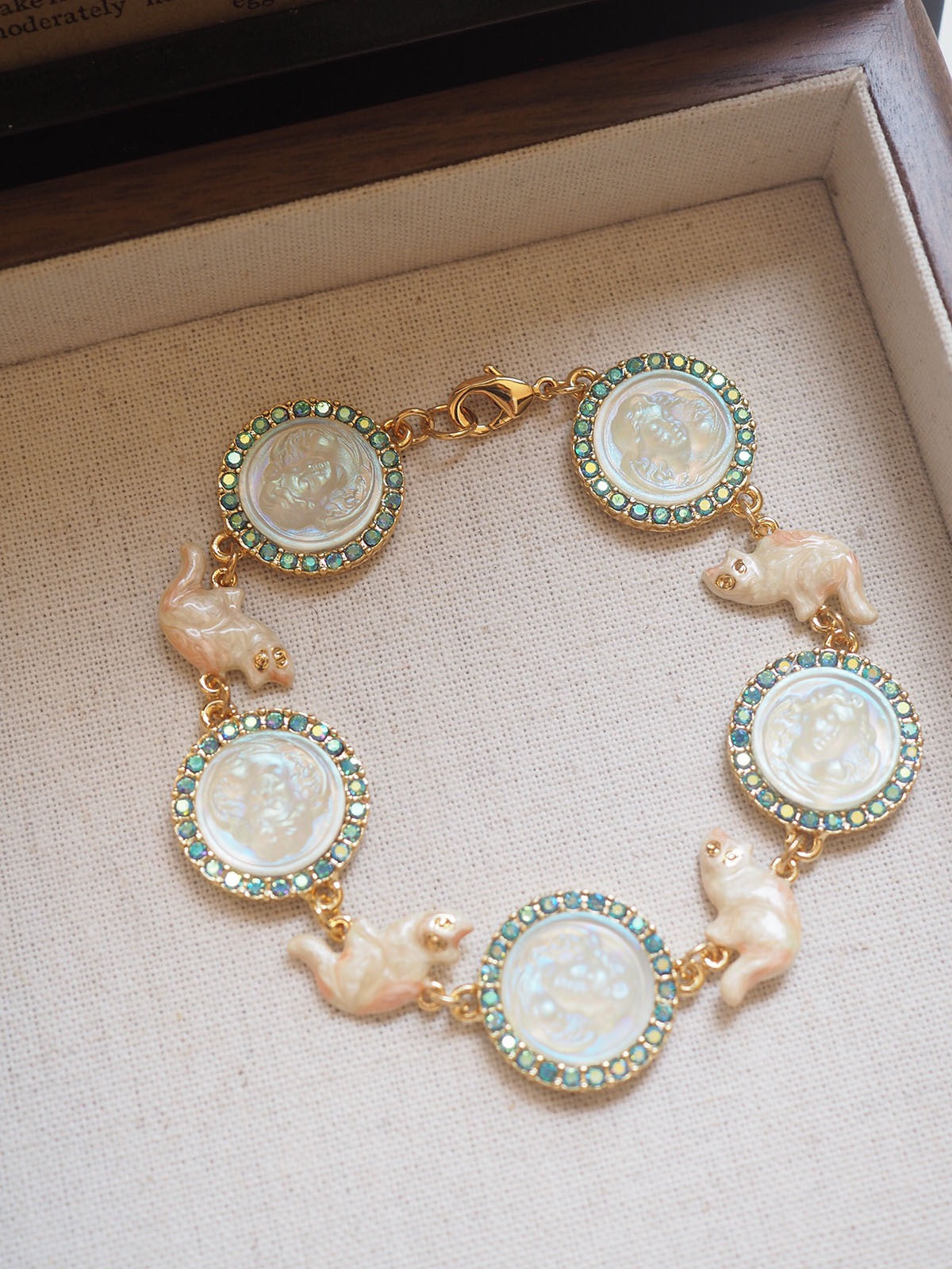 Cat & Angel Cameo Enamel Bracelet | Vintage European Gold-Plated Antique Style Jewelry for Women