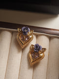 Midnight Rose Heart Clip-On Earrings | Vintage Baroque Gold Earrings with Crystal & Lavender Rose