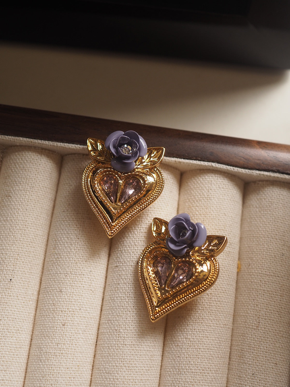 Midnight Rose Heart Clip-On Earrings | Vintage Baroque Gold Earrings with Crystal & Lavender Rose
