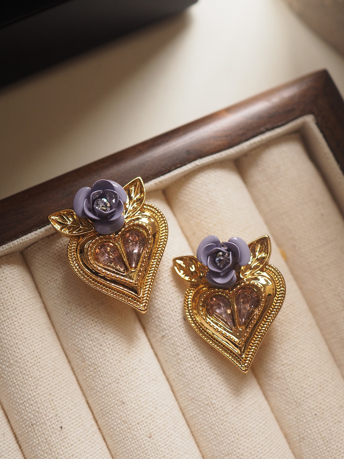 Midnight Rose Heart Clip-On Earrings | Vintage Baroque Gold Earrings with Crystal & Lavender Rose