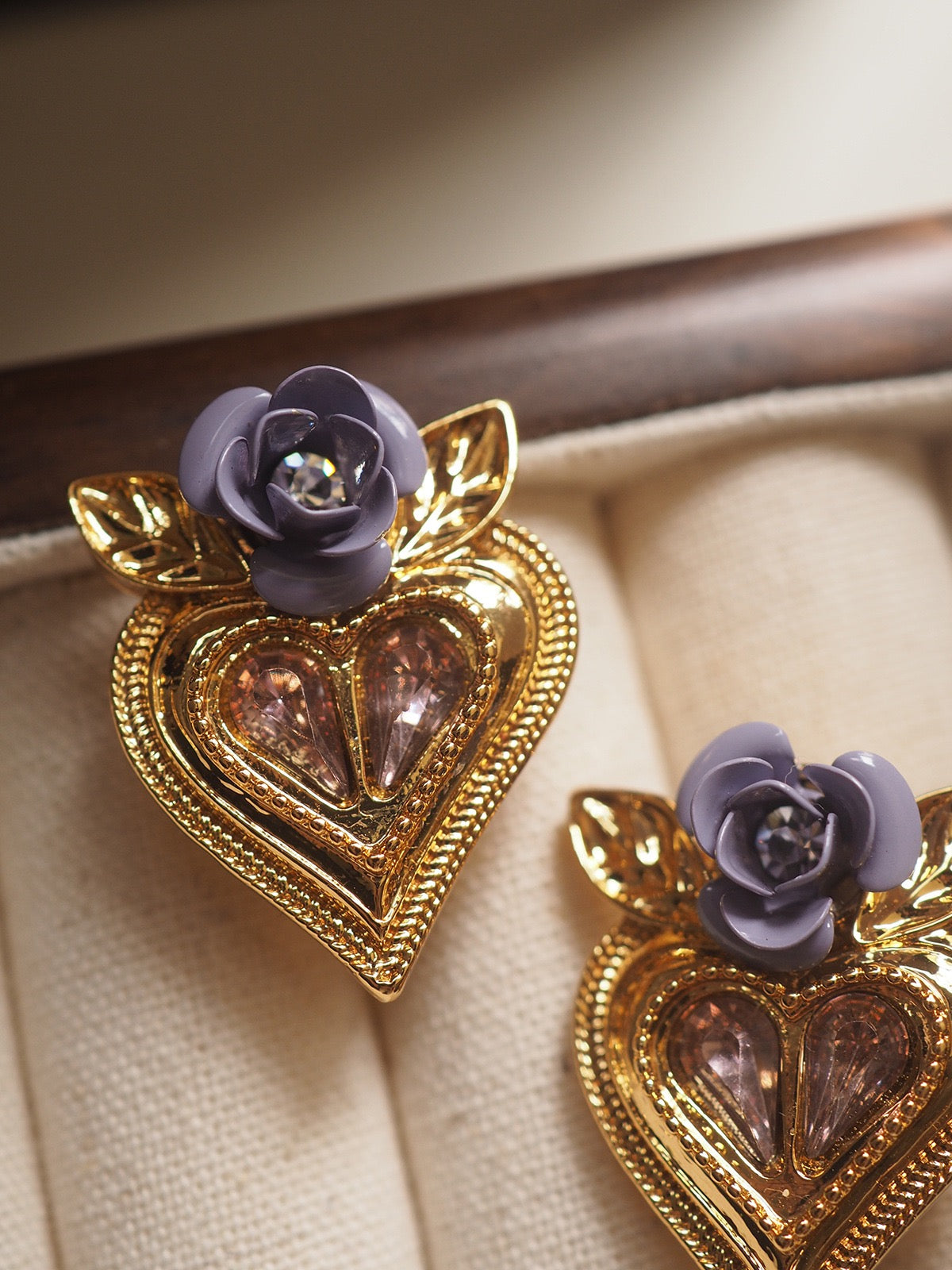 Midnight Rose Heart Clip-On Earrings | Vintage Baroque Gold Earrings with Crystal & Lavender Rose