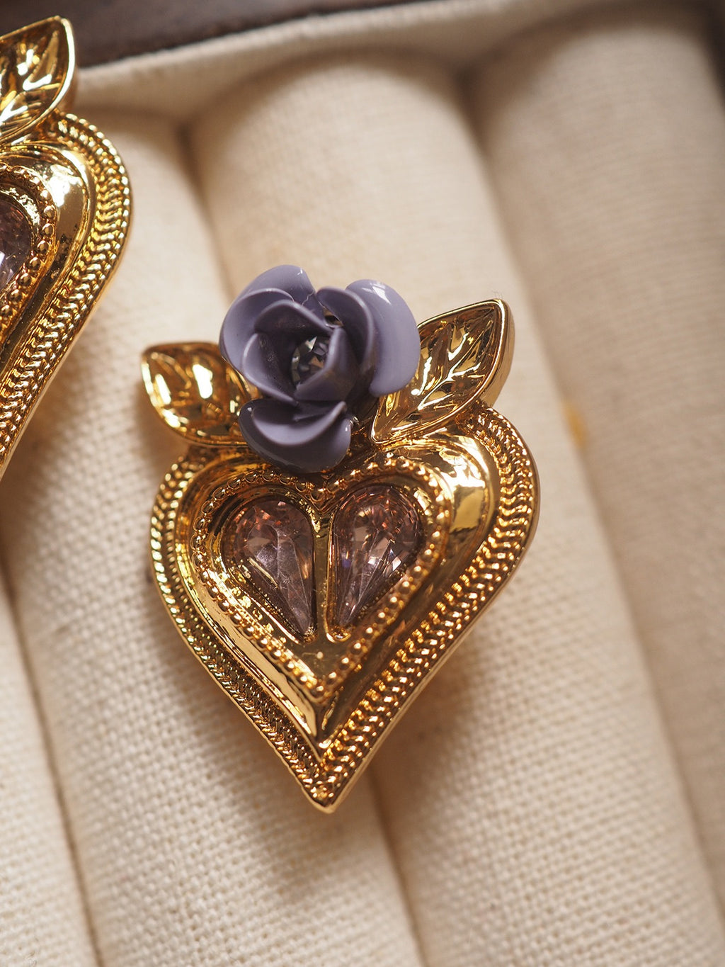 Midnight Rose Heart Clip-On Earrings | Vintage Baroque Gold Earrings with Crystal & Lavender Rose