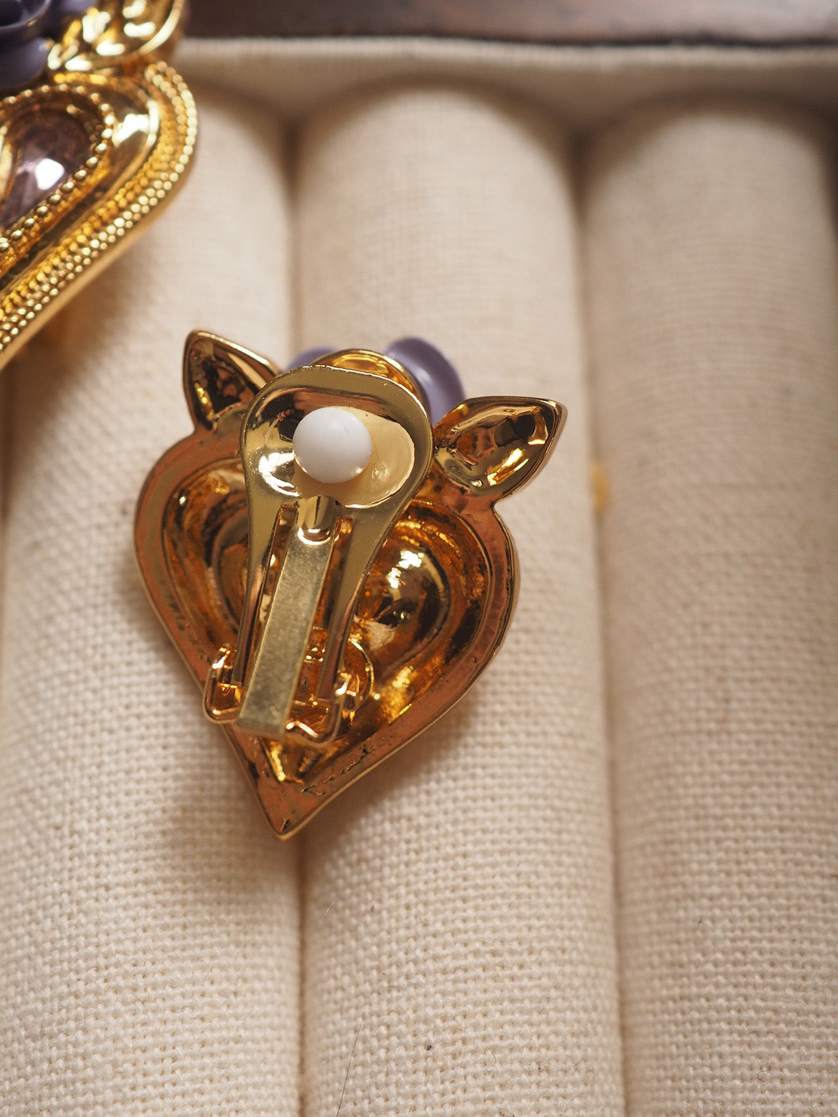 Midnight Rose Heart Clip-On Earrings | Vintage Baroque Gold Earrings with Crystal & Lavender Rose