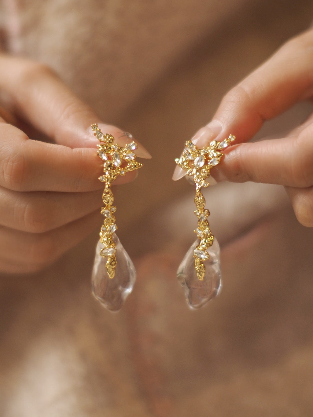 Crystal Geometry Drop Earrings | Vintage Gold Statement Earrings with Sparkling Rhinestones