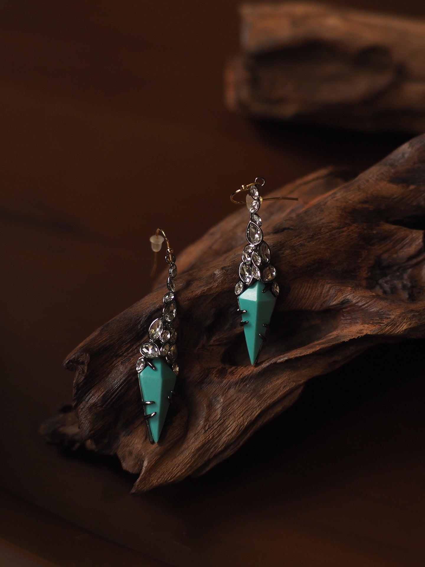 Turquoise Geometric Statement Earrings | Vintage Gold Drop Earrings with Crystal Accents | Artistic Retro Jewelry for Women