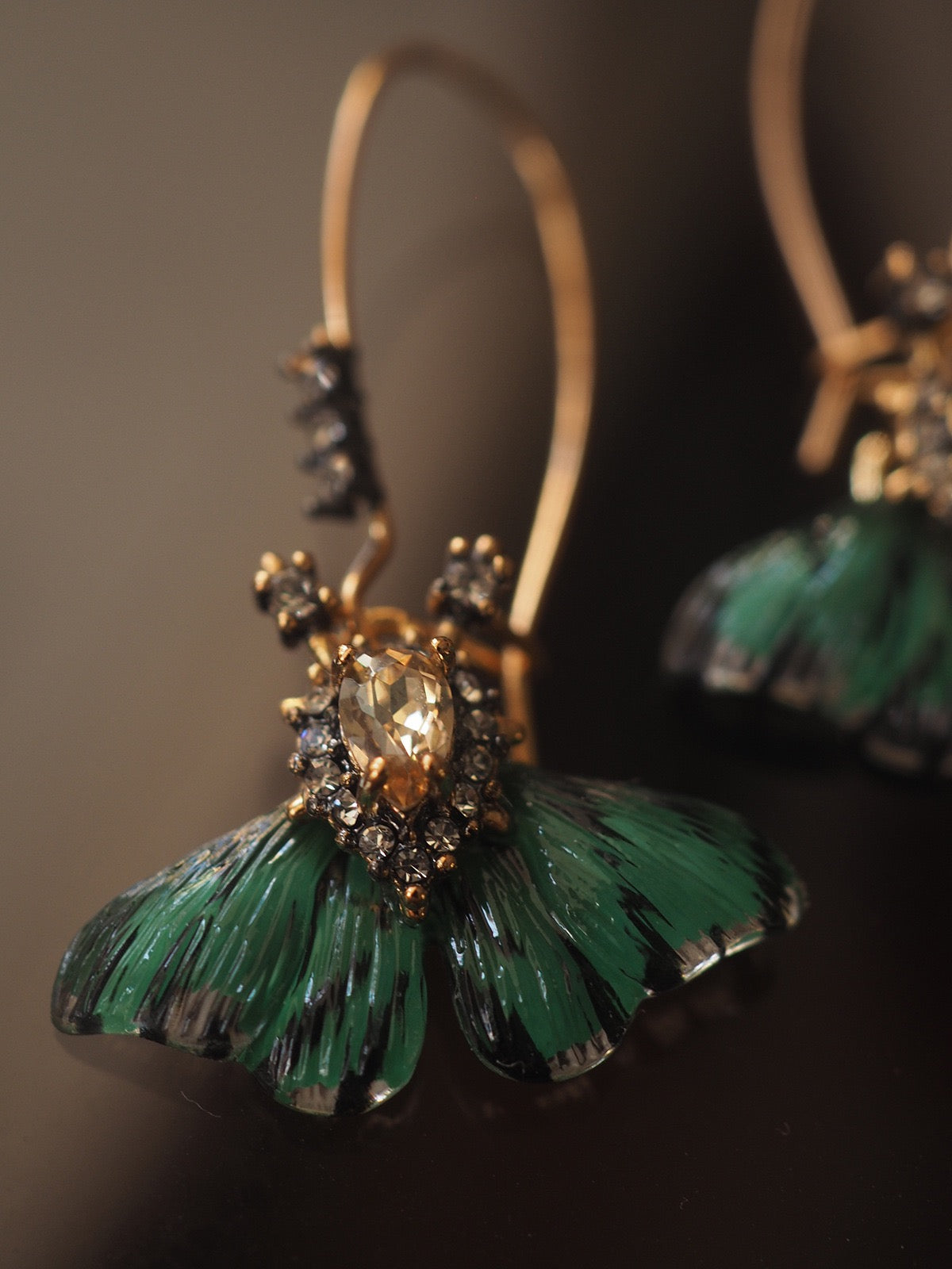 Enamel Butterfly Statement Earrings | Emerald Green Vintage Gold Earrings with Crystals | Artistic Jewelry for Women
