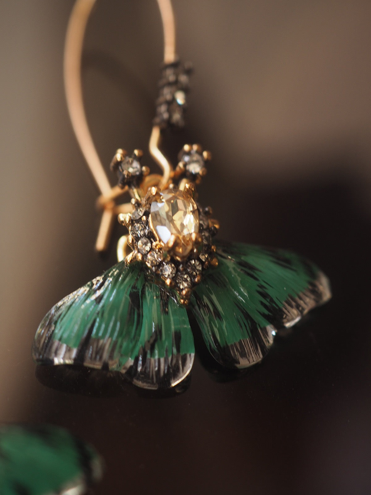 Enamel Butterfly Statement Earrings | Emerald Green Vintage Gold Earrings with Crystals | Artistic Jewelry for Women