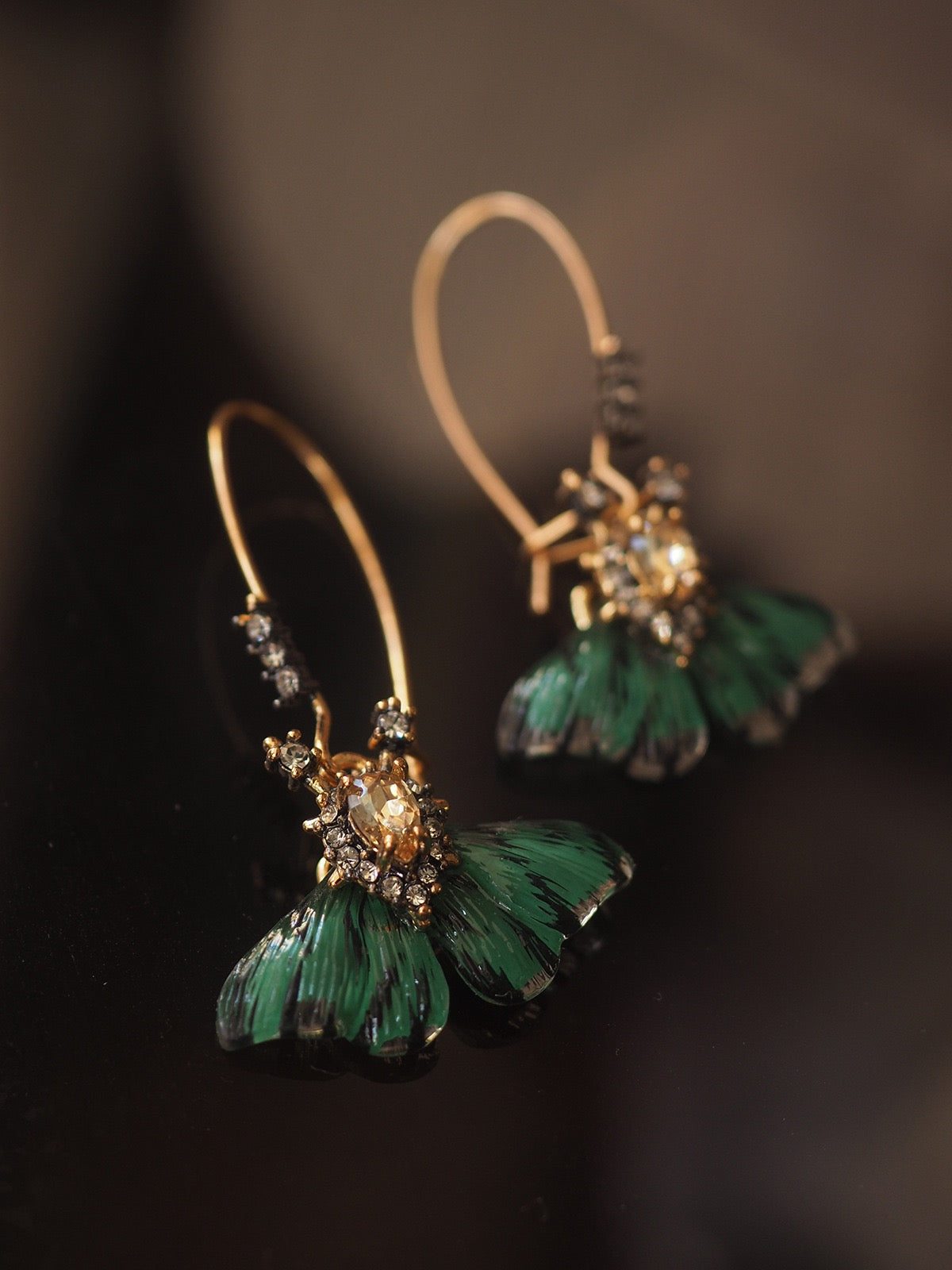 Enamel Butterfly Statement Earrings | Emerald Green Vintage Gold Earrings with Crystals | Artistic Jewelry for Women