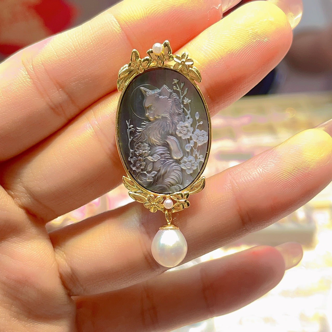 S925 Silver Black Mother-of-Pearl Cat Cameo Pendant with Pearl Drop | Vintage Dual-Use Brooch Necklace