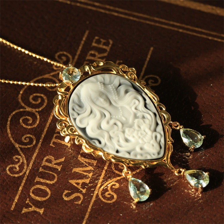 S925 Silver Medusa Agate Cameo Pendant & Brooch | Hand-Carved Dual-Wear Vintage Mythology Jewelry