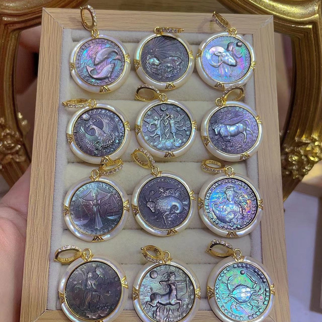 S925 Silver Black Mother-of-Pearl Zodiac Cameo Pendant | Hand-Carved Astrology Necklace Collection