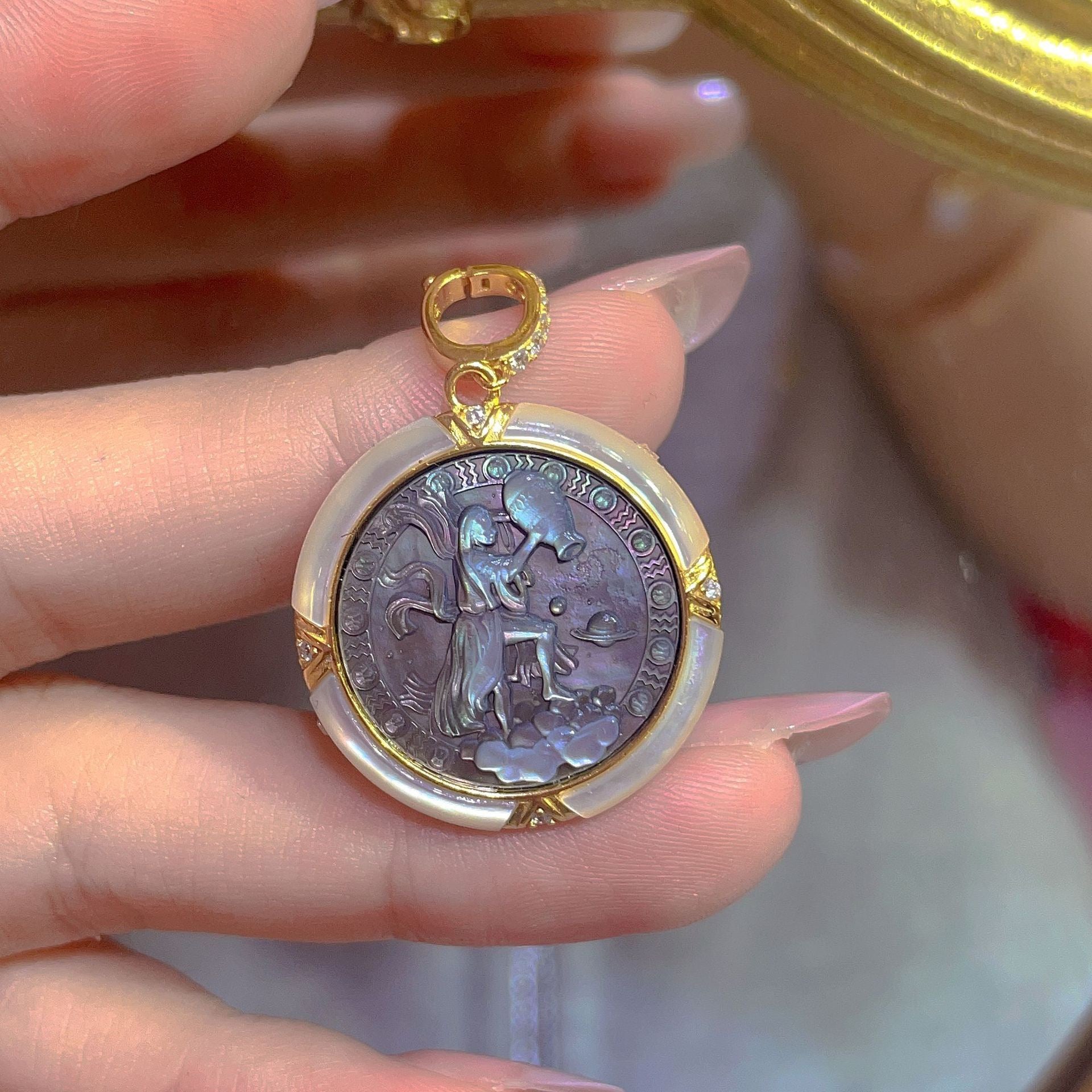 S925 Silver Black Mother-of-Pearl Zodiac Cameo Pendant | Hand-Carved Astrology Necklace Collection