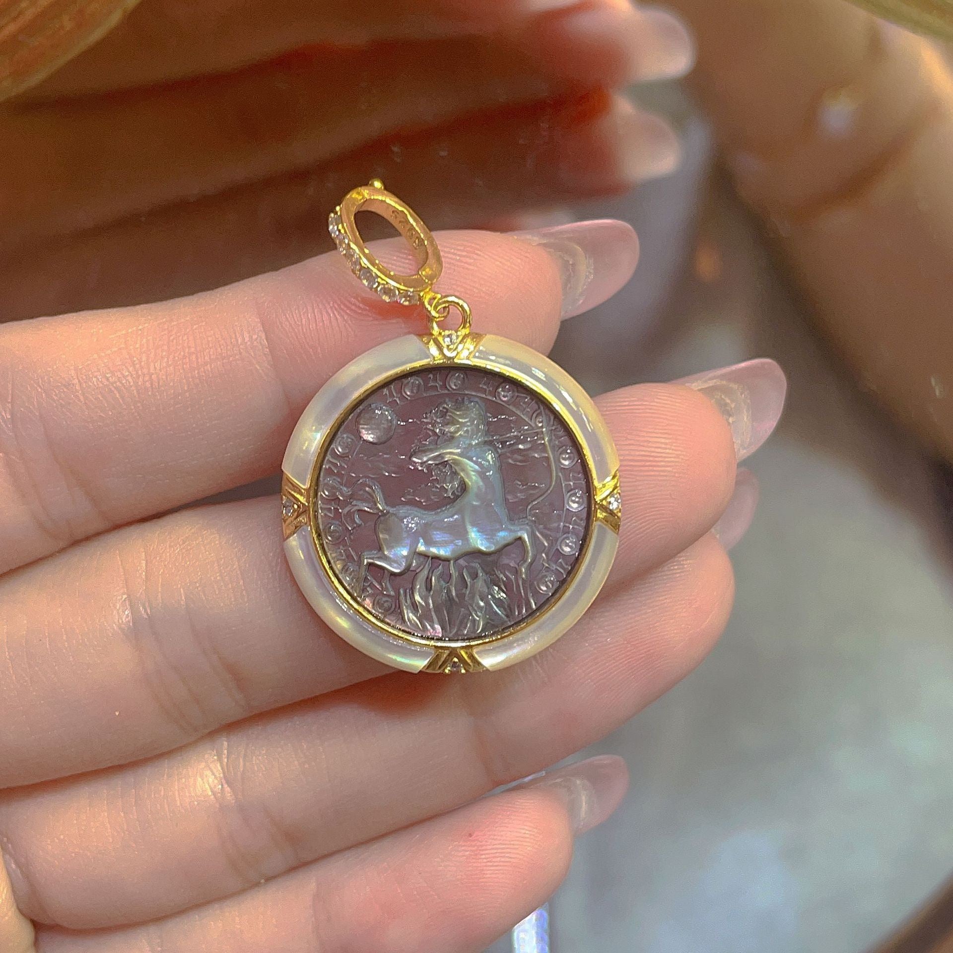 S925 Silver Black Mother-of-Pearl Zodiac Cameo Pendant | Hand-Carved Astrology Necklace Collection