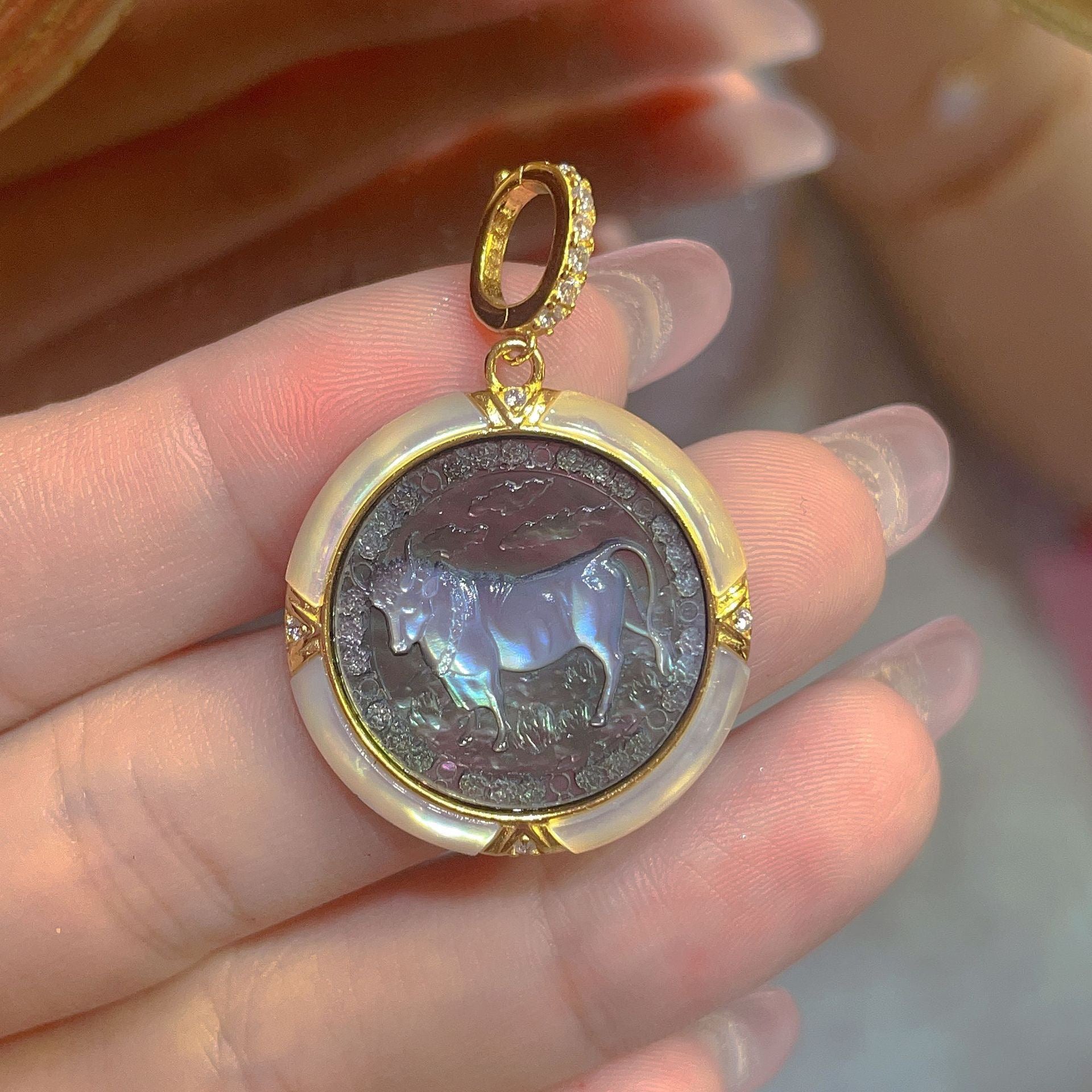 S925 Silver Black Mother-of-Pearl Zodiac Cameo Pendant | Hand-Carved Astrology Necklace Collection