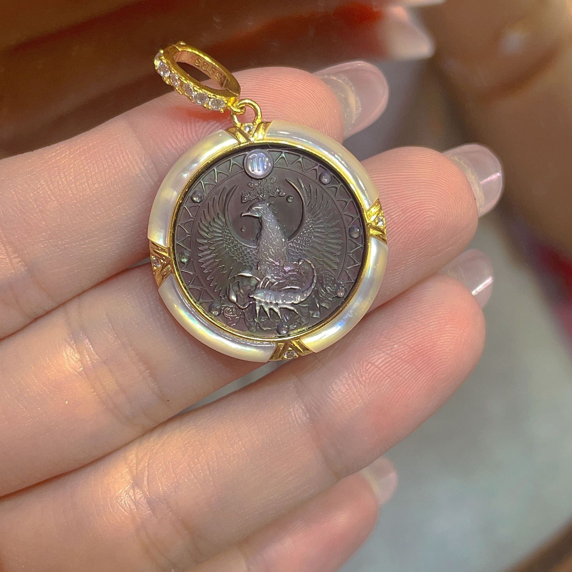 S925 Silver Black Mother-of-Pearl Zodiac Cameo Pendant | Hand-Carved Astrology Necklace Collection