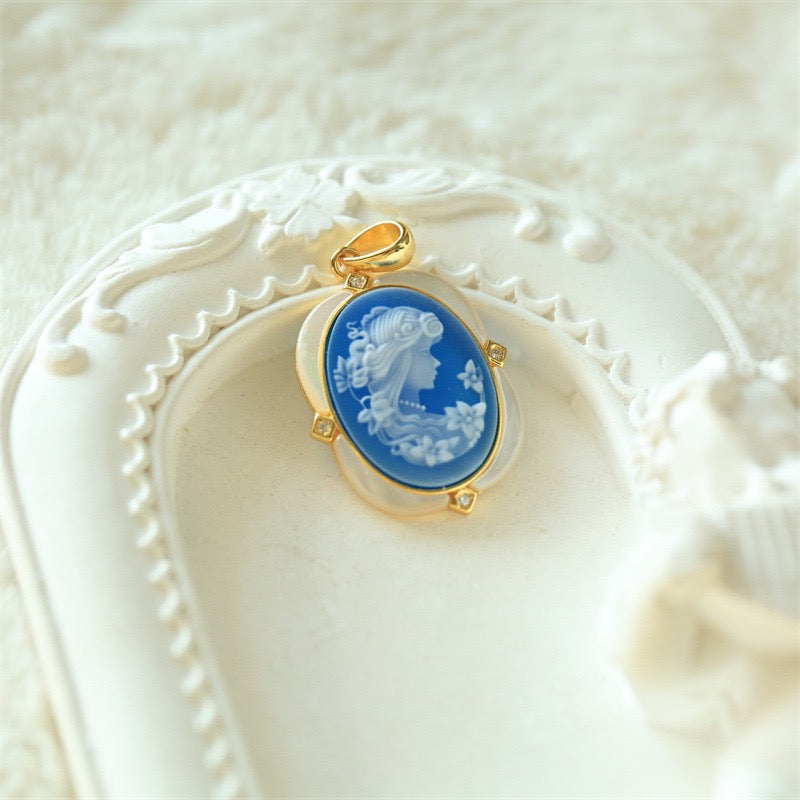 S925 Silver Blue Agate Cameo Jewelry | Hand-Carved Pendant, Earrings & Adjustable Ring