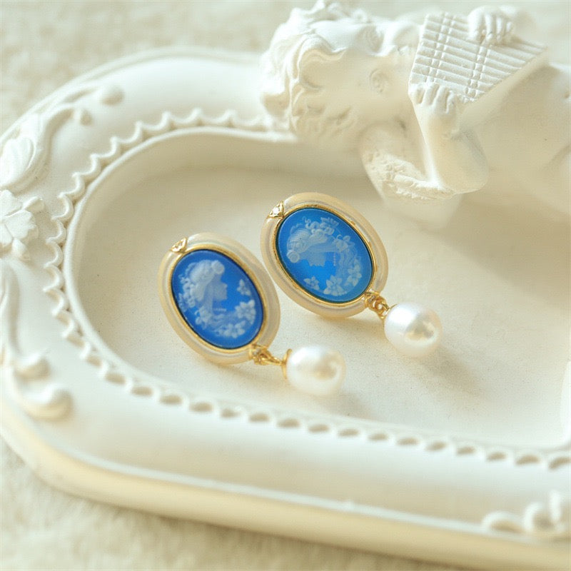 S925 Silver Blue Agate Cameo Jewelry | Hand-Carved Pendant, Earrings & Adjustable Ring