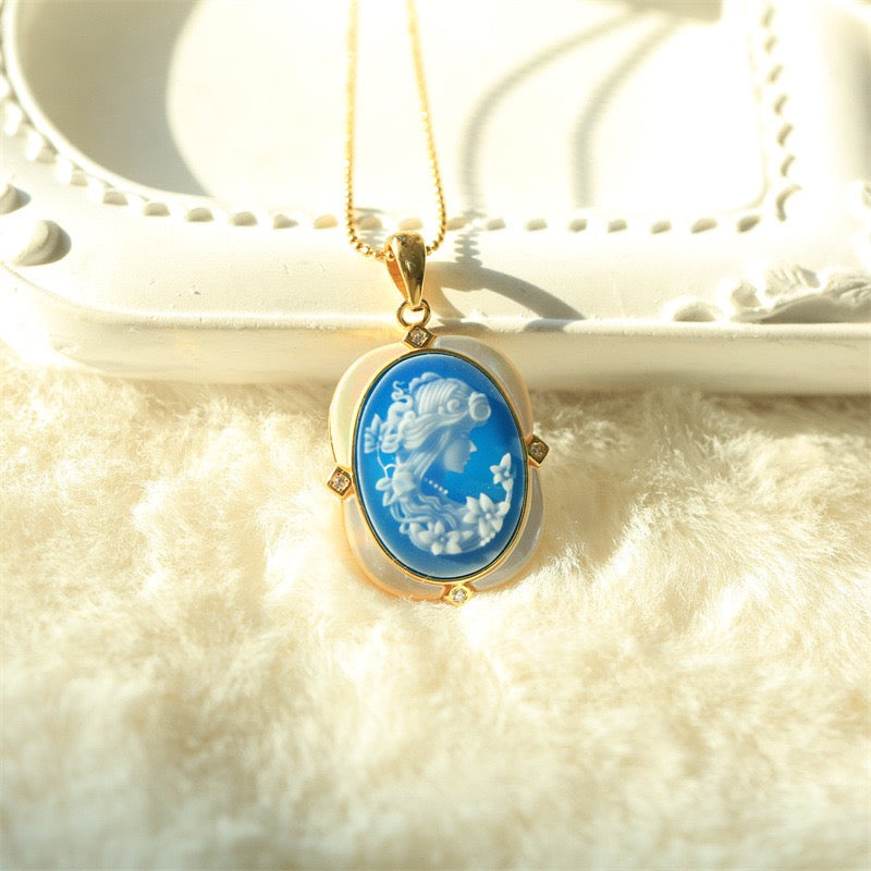 S925 Silver Blue Agate Cameo Jewelry | Hand-Carved Pendant, Earrings & Adjustable Ring