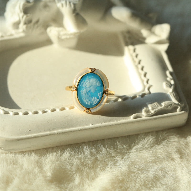 S925 Silver Blue Agate Cameo Jewelry | Hand-Carved Pendant, Earrings & Adjustable Ring