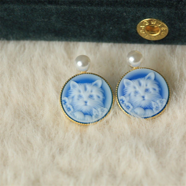S925 Silver German Agate Cat Cameo Earrings | Hand-Carved Vintage Pearl Drop Design