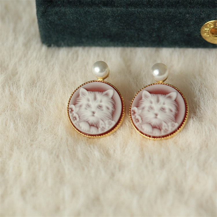 S925 Silver German Agate Cat Cameo Earrings | Hand-Carved Vintage Pearl Drop Design