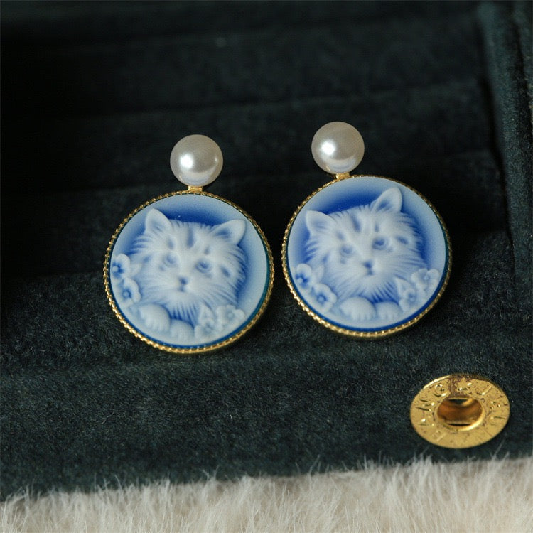 S925 Silver German Agate Cat Cameo Earrings | Hand-Carved Vintage Pearl Drop Design
