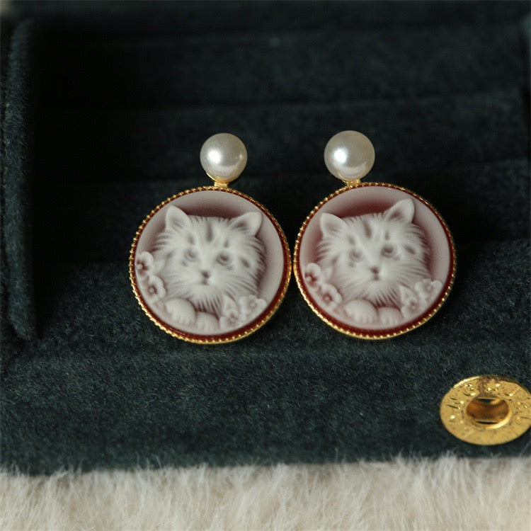 S925 Silver German Agate Cat Cameo Earrings | Hand-Carved Vintage Pearl Drop Design