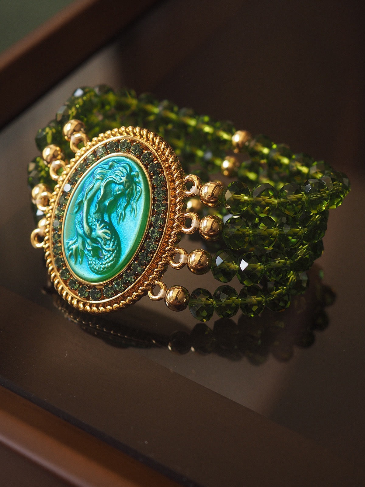 Vintage Green Mermaid Cameo Bracelet | Handcrafted Ocean-Inspired Crystal Jewelry