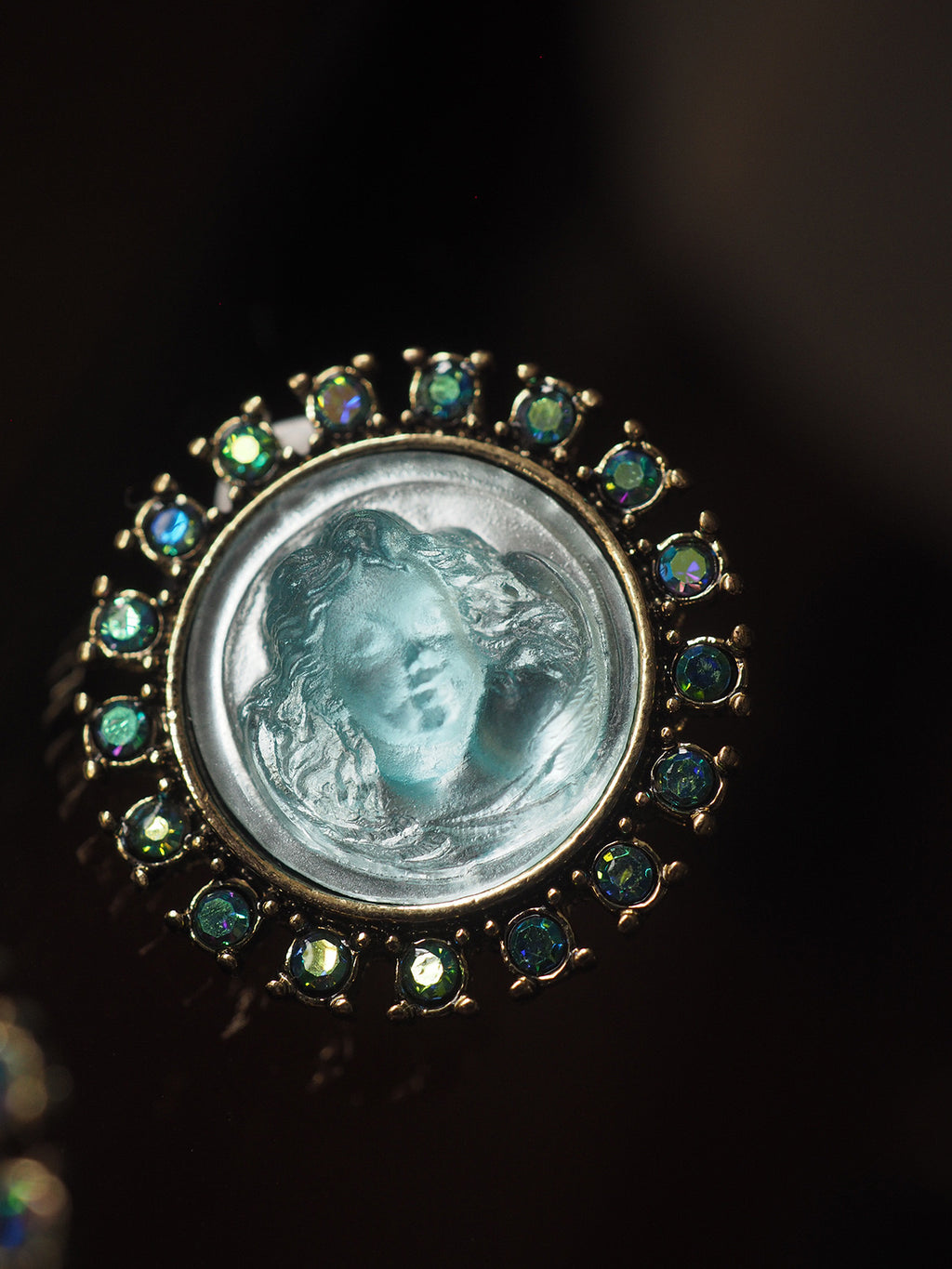 Vintage Angel Cameo Clip-On Earrings | “Sleeping Angel” Blue Crystal Retro Art Jewelry