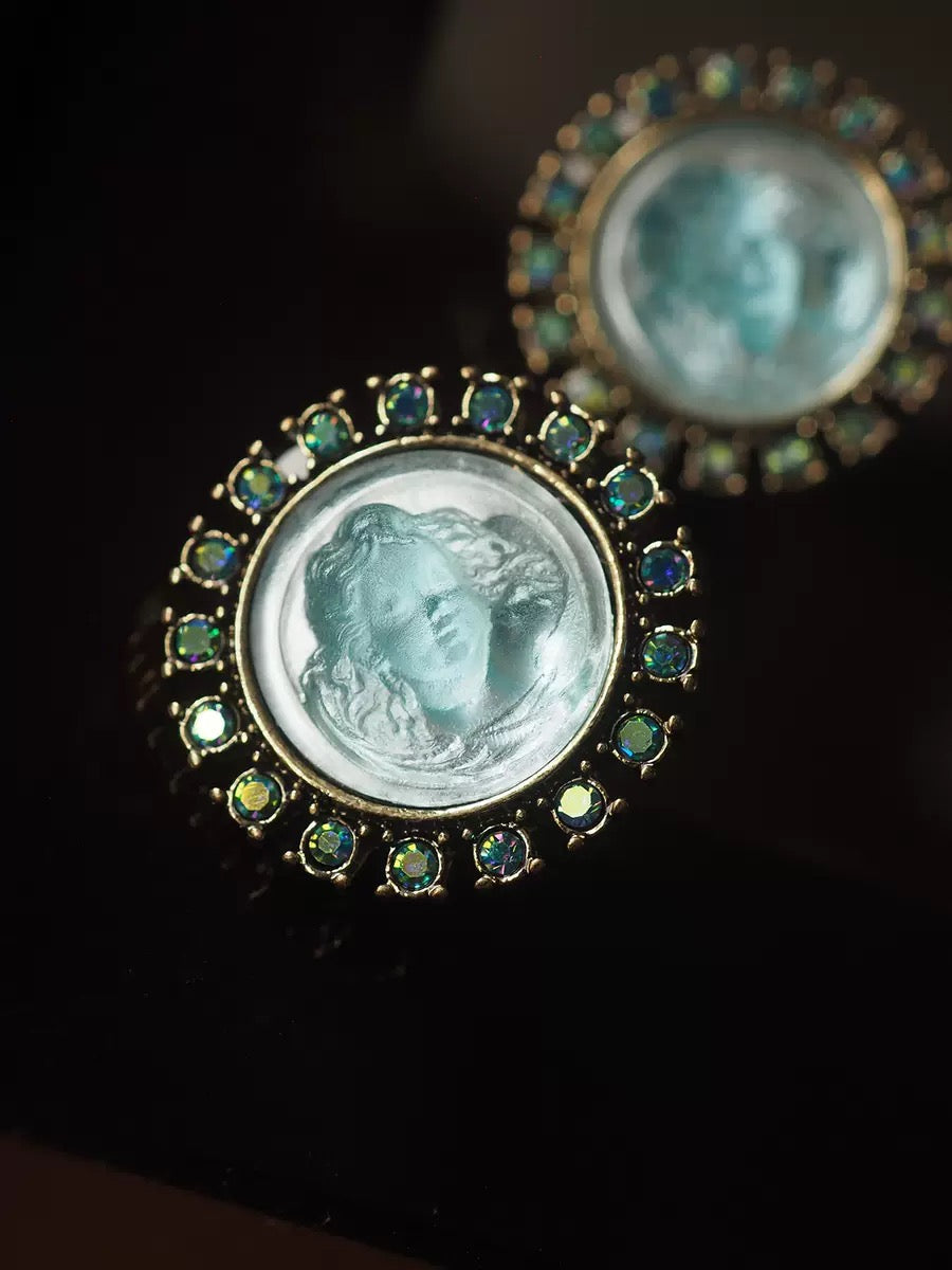 Vintage Angel Cameo Clip-On Earrings | “Sleeping Angel” Blue Crystal Retro Art Jewelry
