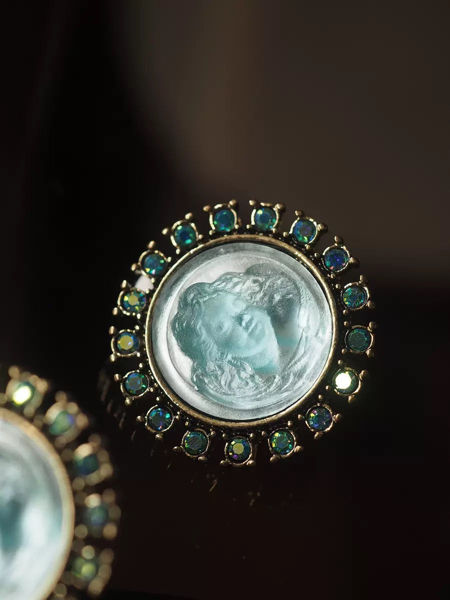 Vintage Angel Cameo Clip-On Earrings | “Sleeping Angel” Blue Crystal Retro Art Jewelry