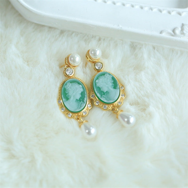 S925 Silver Green Cameo Jewelry Set – Hand-Carved Lady Portrait Pendant, Earrings & Adjustable Ring