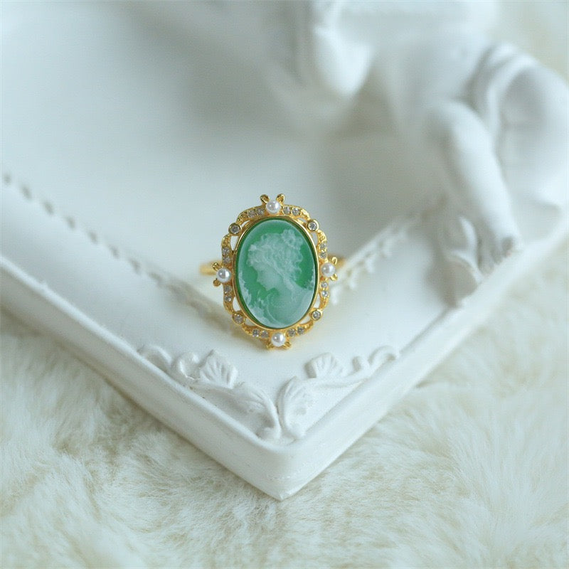 S925 Silver Green Cameo Jewelry Set – Hand-Carved Lady Portrait Pendant, Earrings & Adjustable Ring