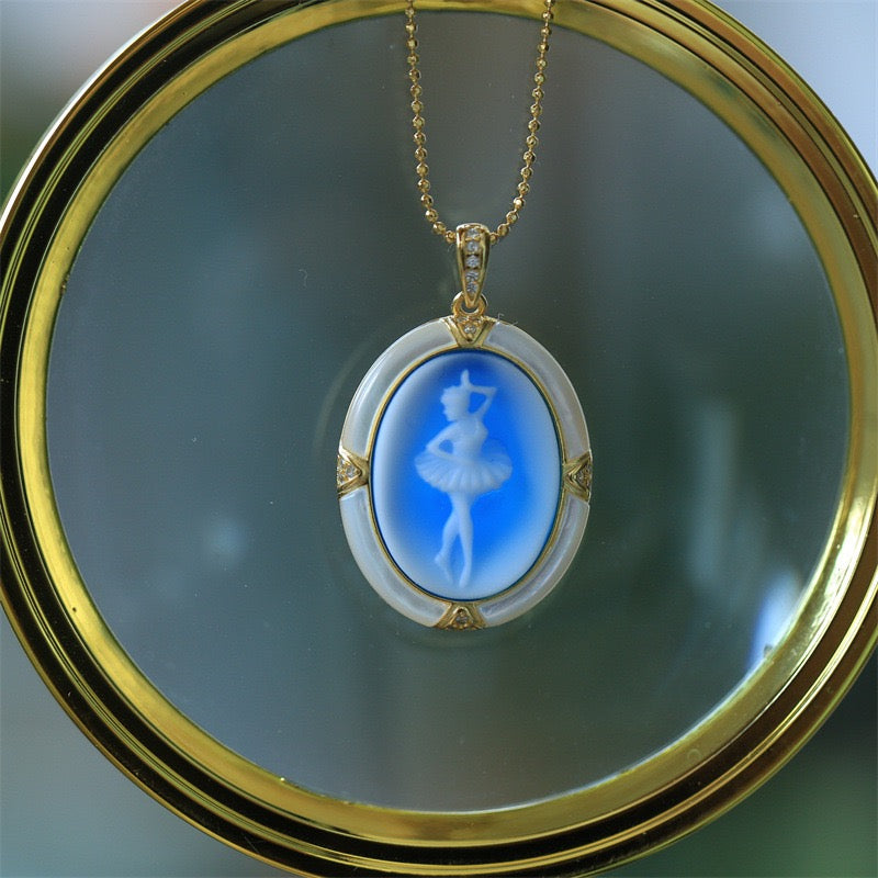 S925 Silver Ballerina Cameo Pendant Necklace – Hand-Carved Blue Agate & Mother-of-Pearl