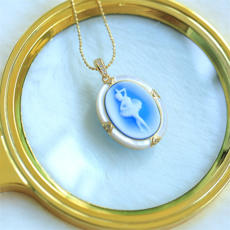 S925 Silver Ballerina Cameo Pendant Necklace – Hand-Carved Blue Agate & Mother-of-Pearl