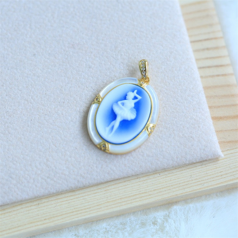 S925 Silver Ballerina Cameo Pendant Necklace – Hand-Carved Blue Agate & Mother-of-Pearl