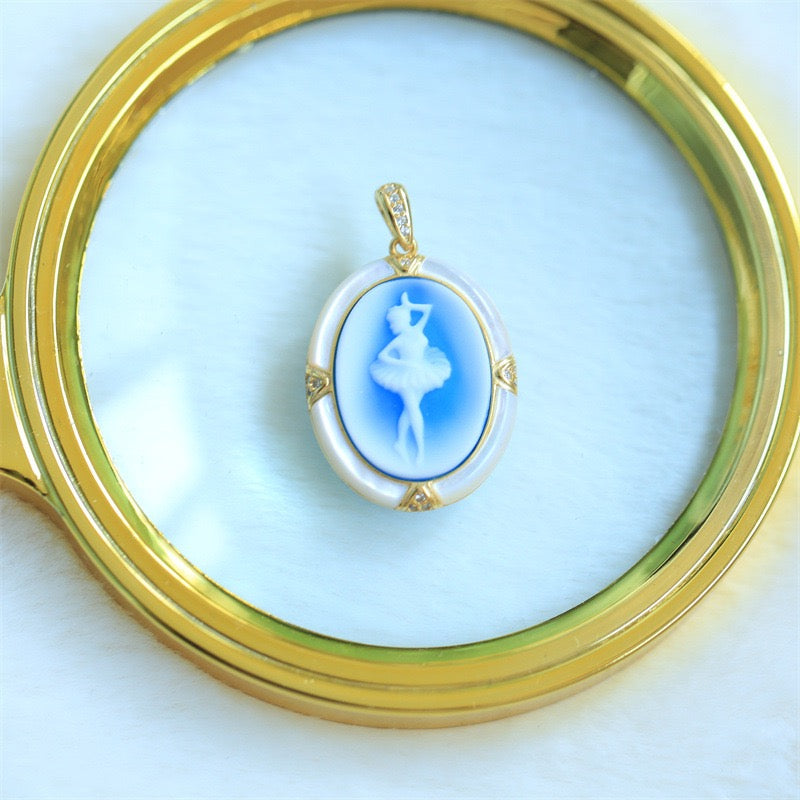 S925 Silver Ballerina Cameo Pendant Necklace – Hand-Carved Blue Agate & Mother-of-Pearl